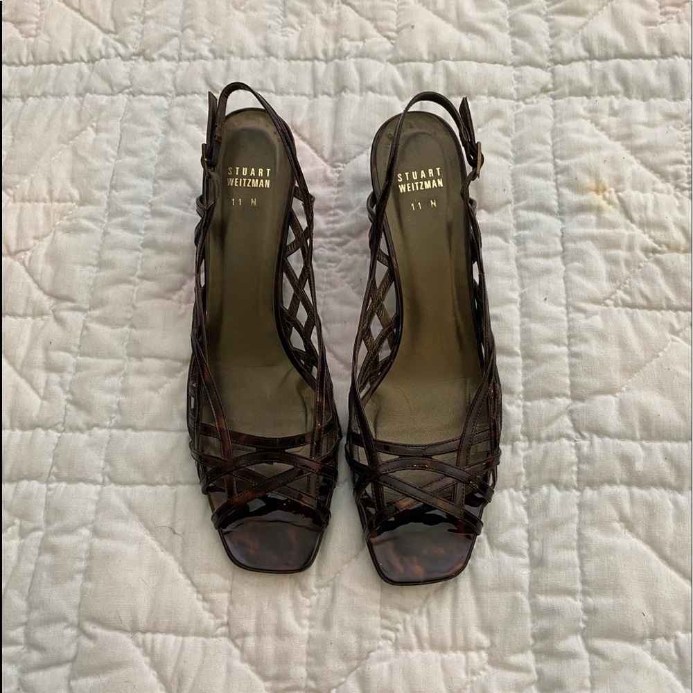 Stuart Weitzman tortoise patent sling back sandals 11N, used, great condition